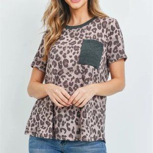 Brown/Rose Leopard Rib Detail Pocket Top